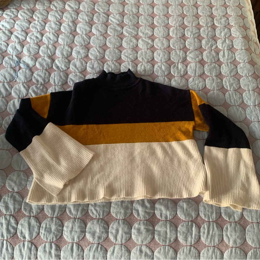 turtleneck color block sweater with bell sleeves
